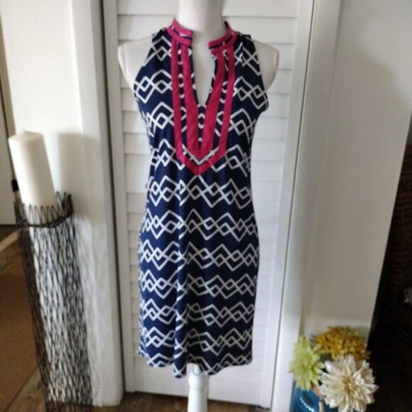 Tracy Negoshian Sleeveless Navy & Pink abstract V Neck Shift Dress, Size X-Small - Picture 8 of 10